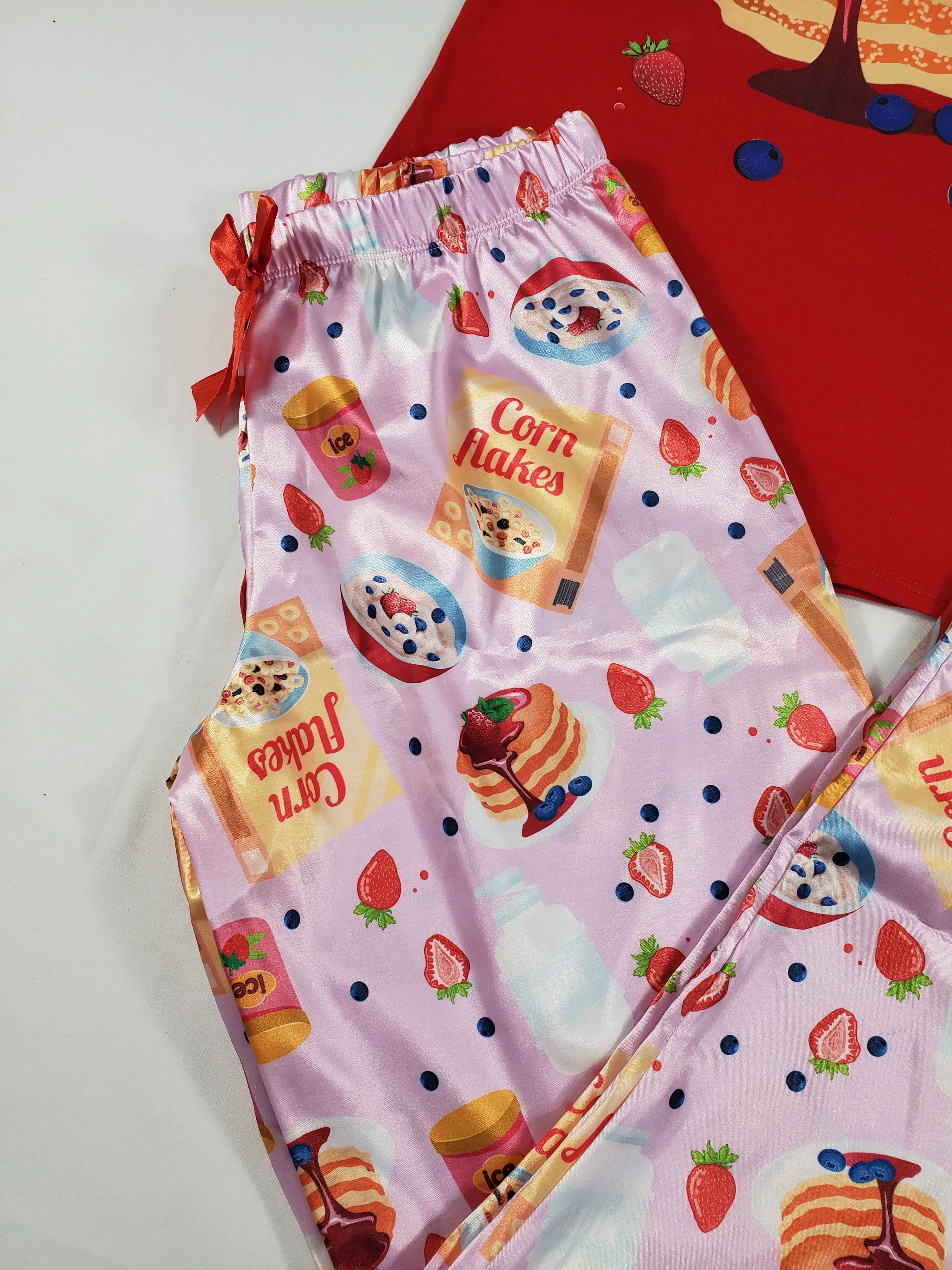 Sexy pink satin Women's pajama pants with breakfast pancake theme and red shirt