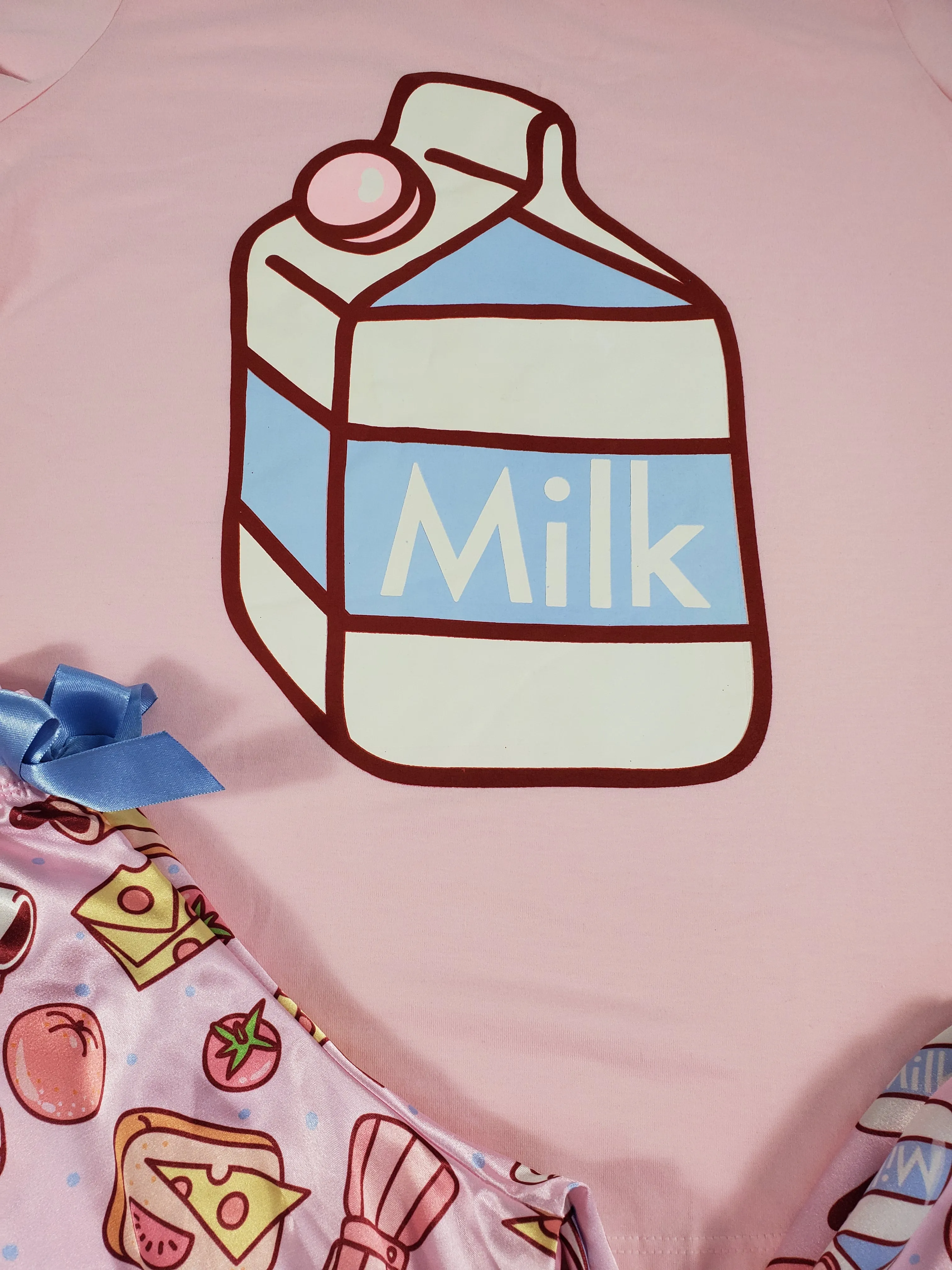 Sexy satin pink Women's pajama pants and pink shirt with milk and breakfast theme