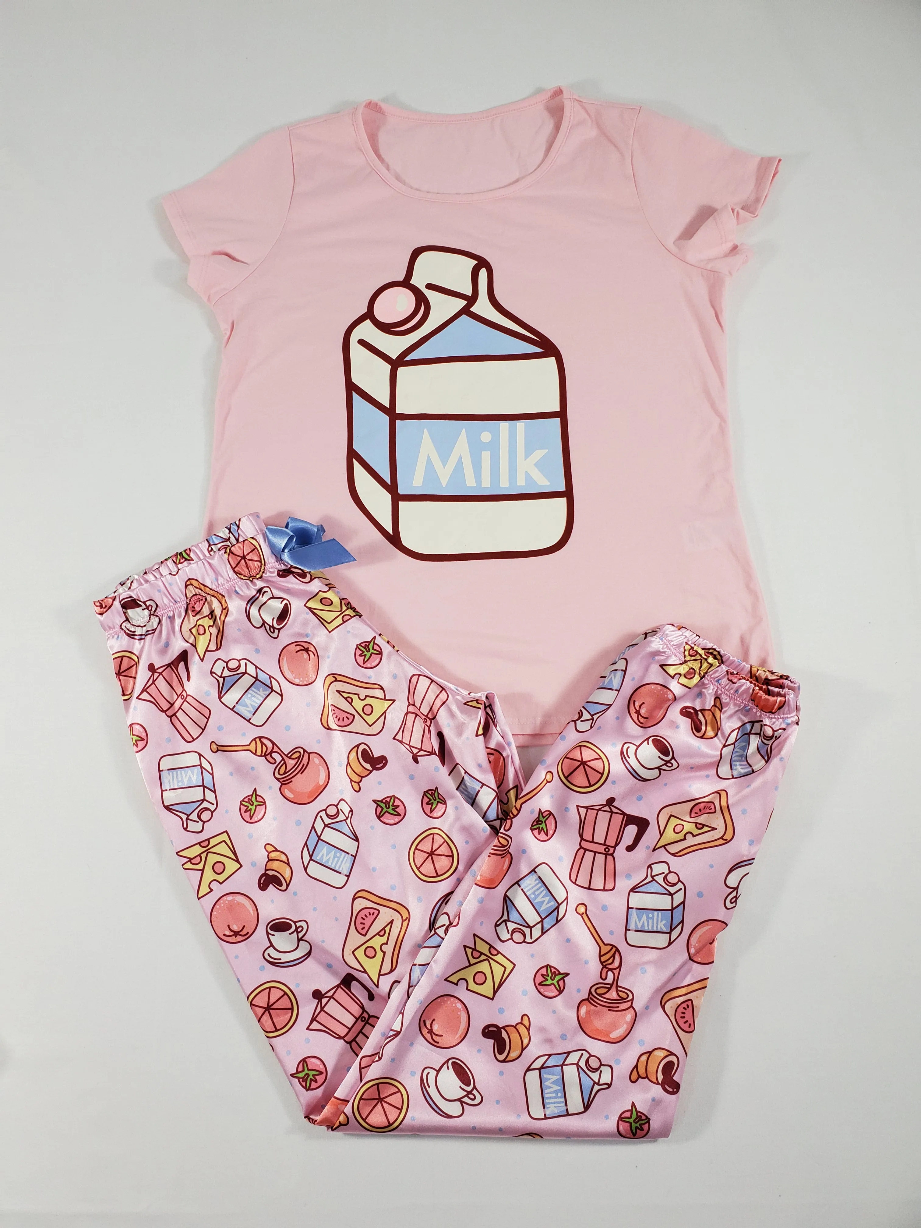 Sexy satin pink Women's pajama pants and pink shirt with milk and breakfast theme