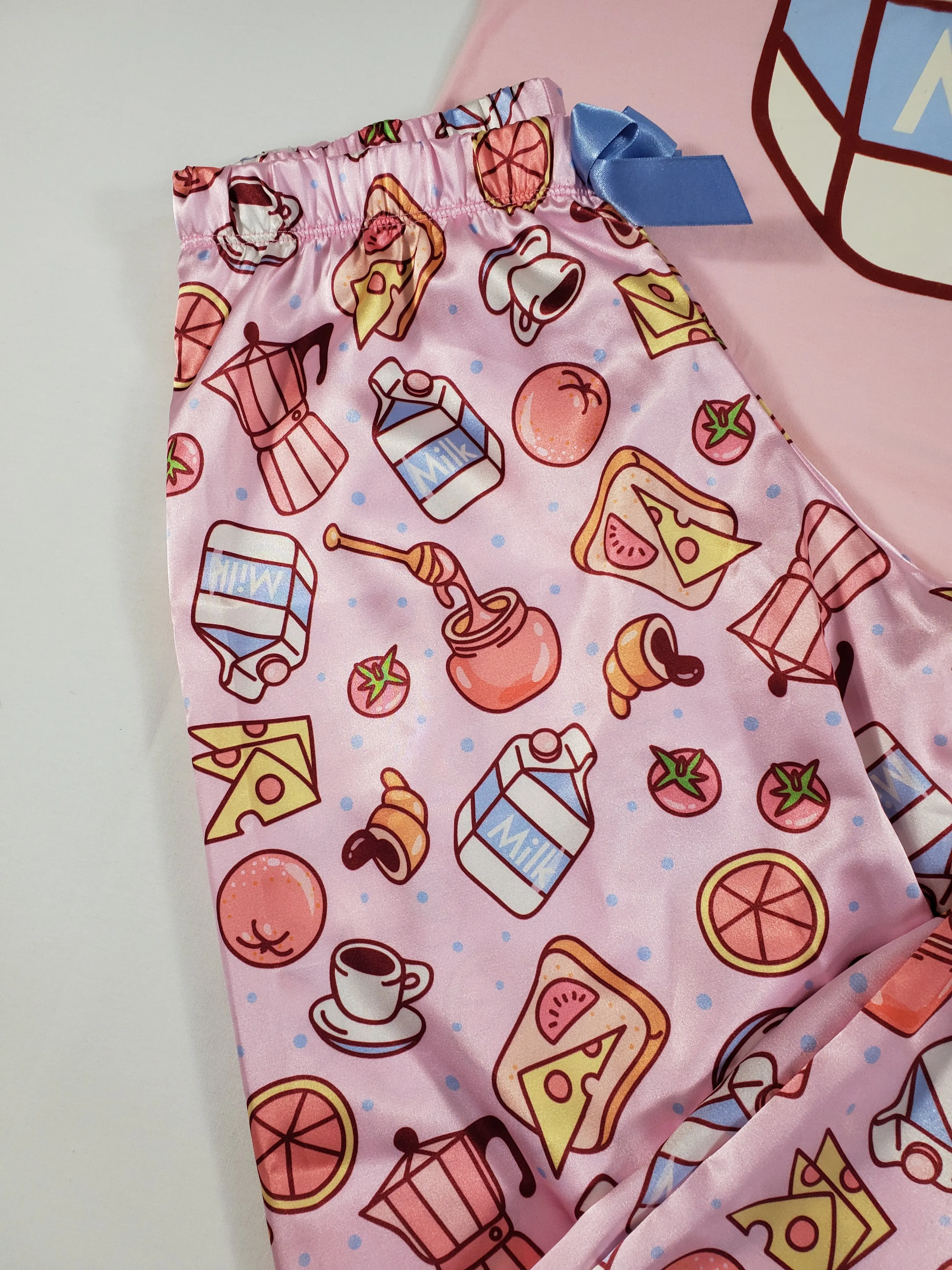 Sexy satin pink Women's pajama pants and pink shirt with milk and breakfast theme