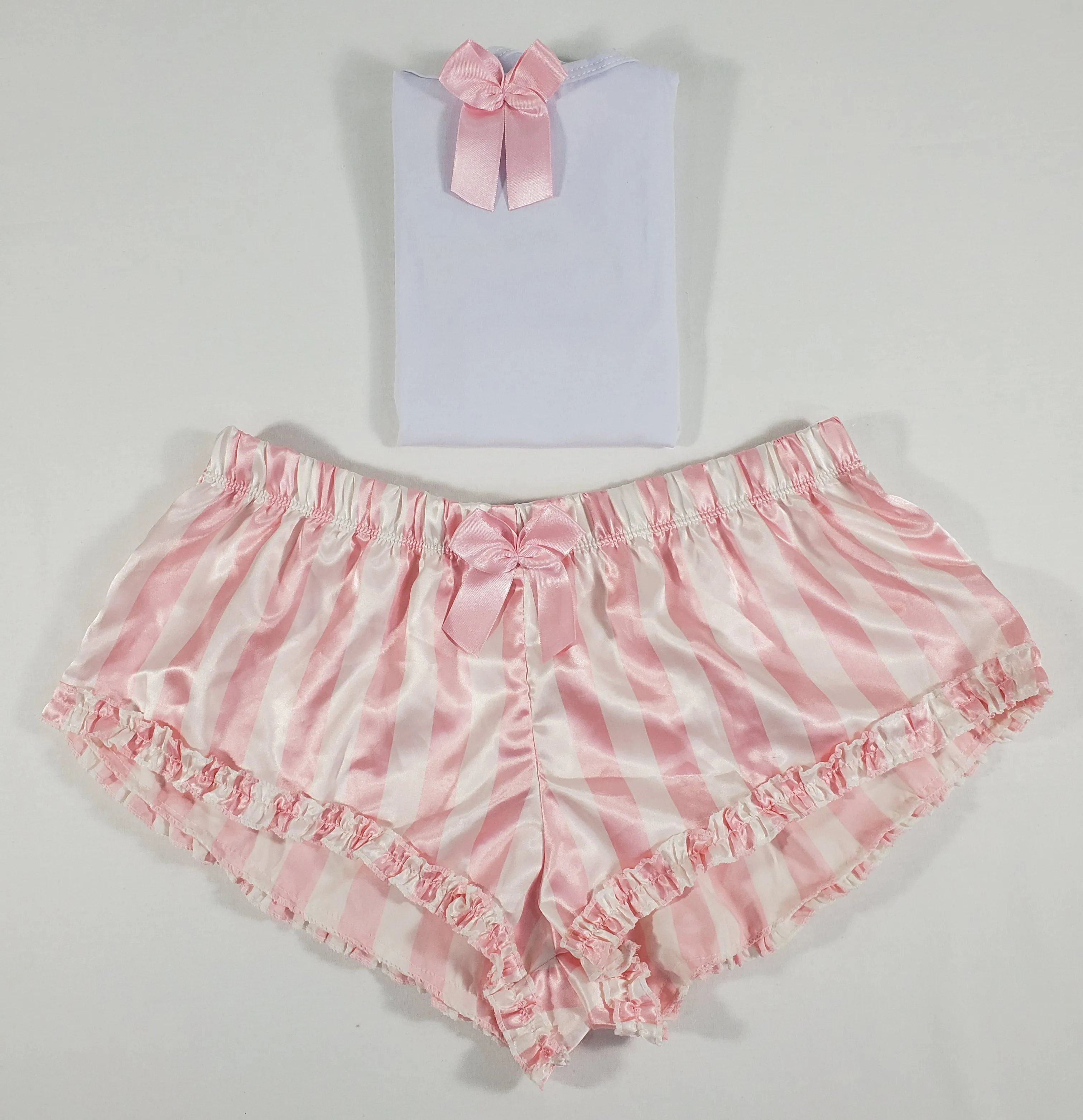 Sexy Women's pajama pink satin shorts with white stripes white blouse