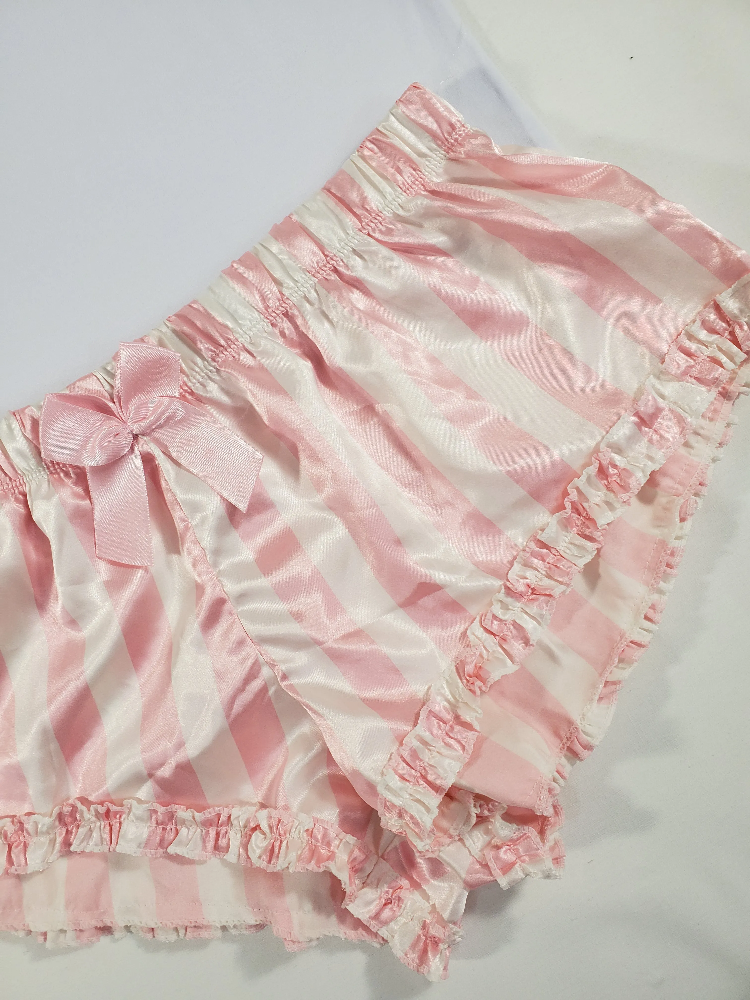 Sexy Women's pajama pink satin shorts with white stripes white blouse