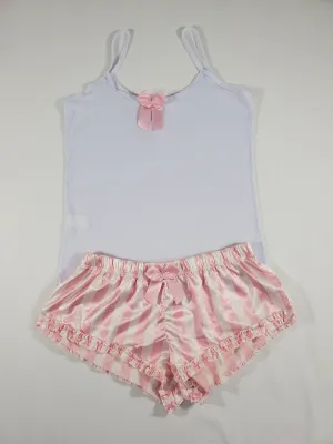 Sexy Women's pajama pink satin shorts with white stripes white blouse