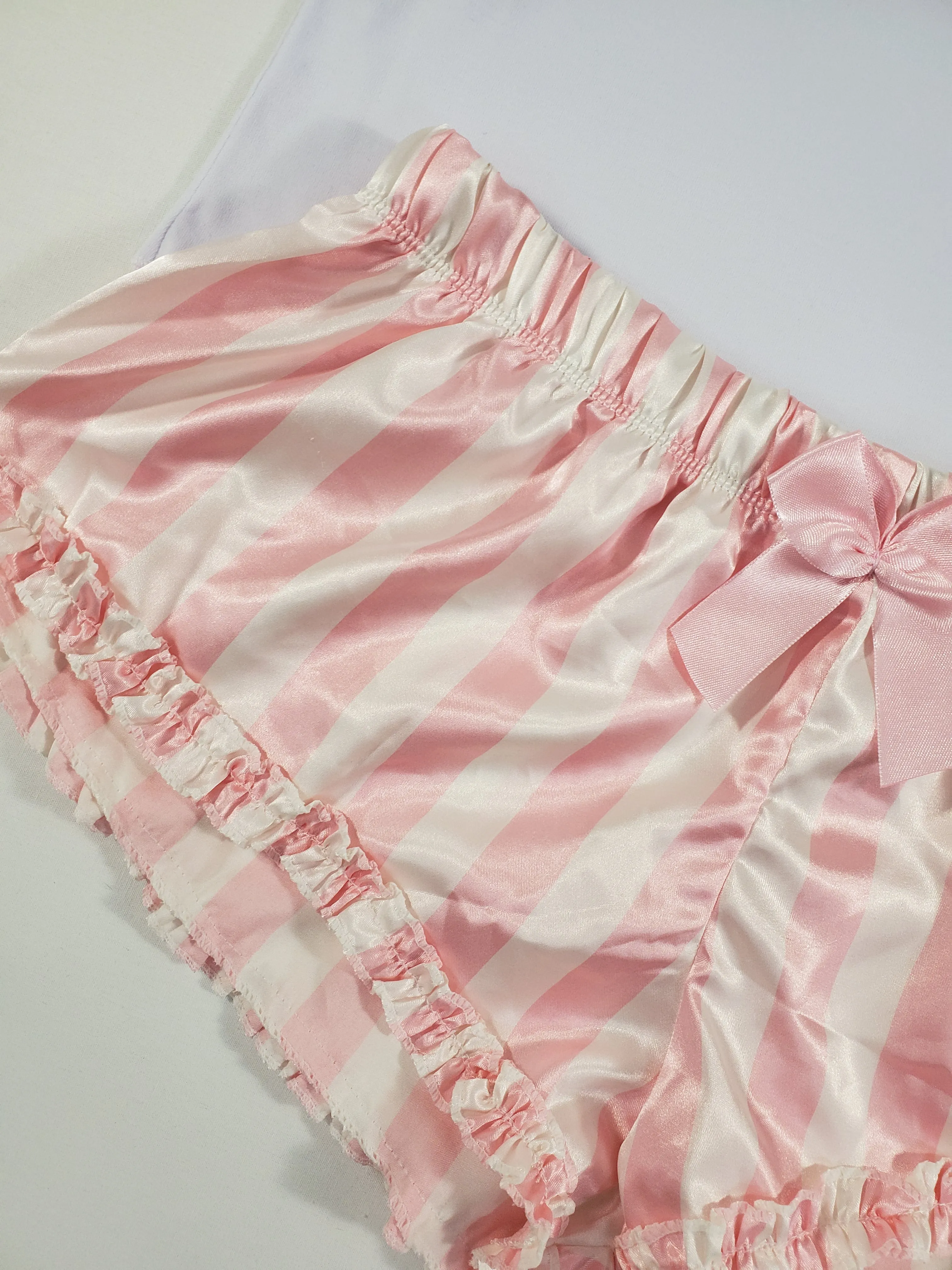 Sexy Women's pajama pink satin shorts with white stripes white blouse