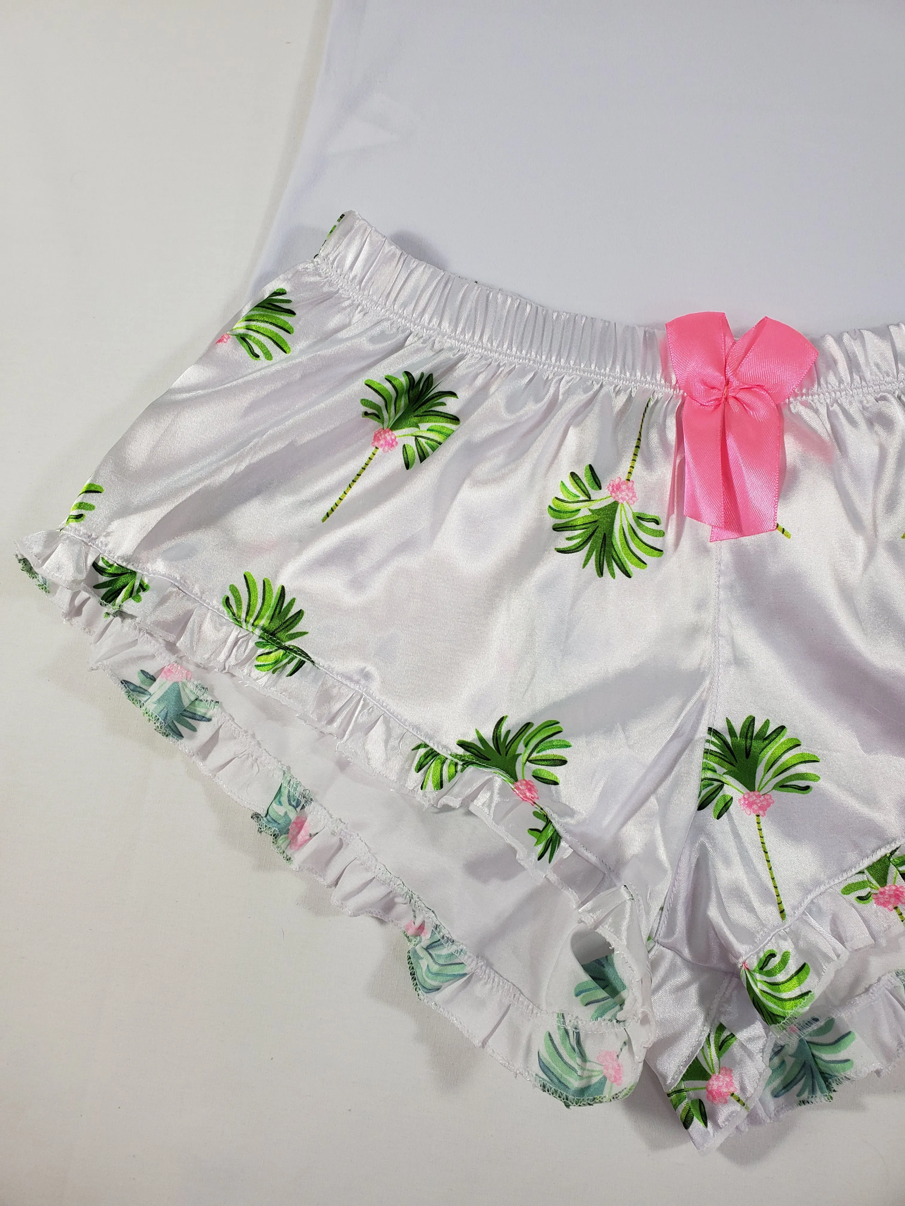 Sexy Women's pajama white satin shorts palm tree theme white blouse