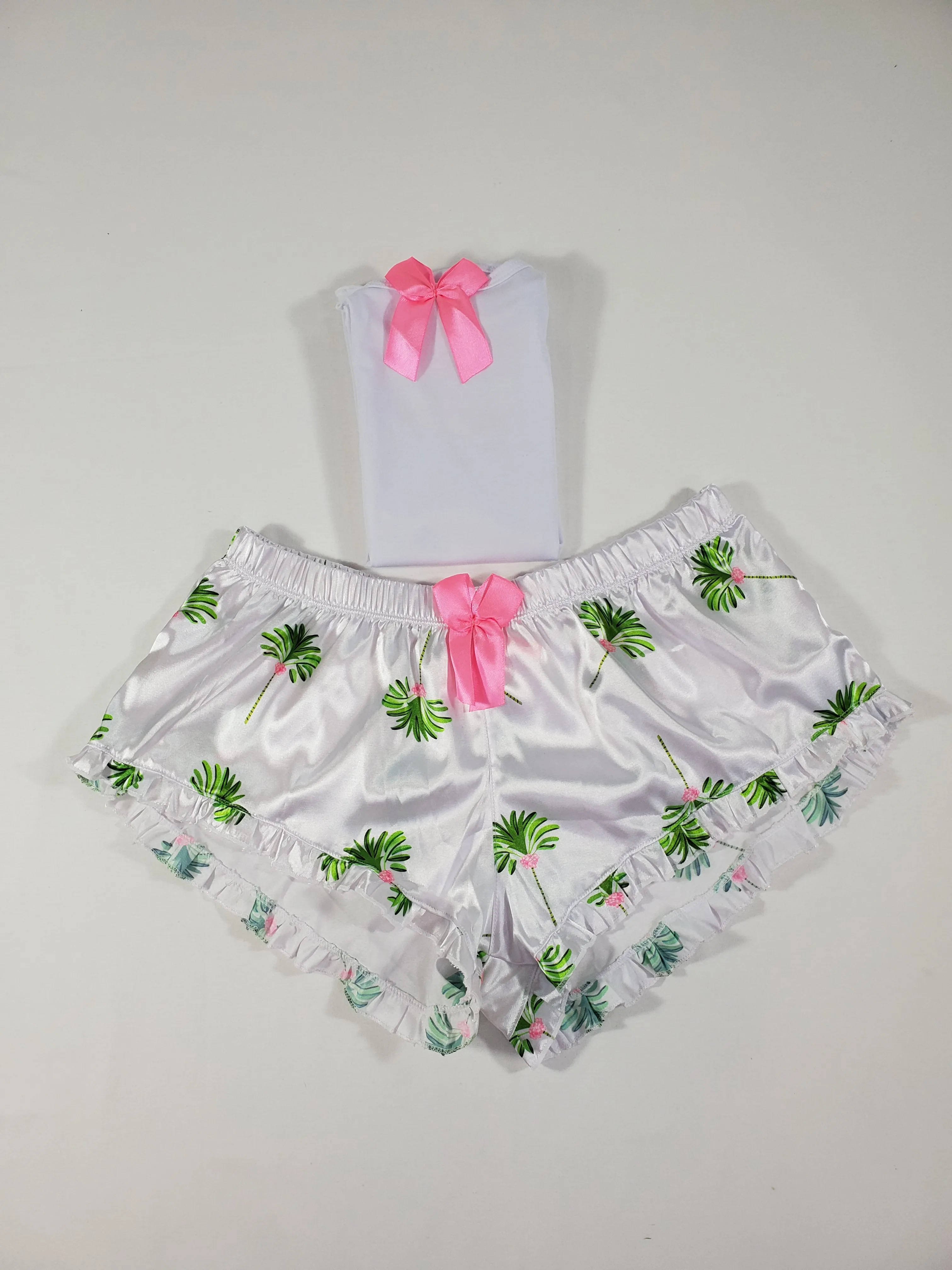 Sexy Women's pajama white satin shorts palm tree theme white blouse