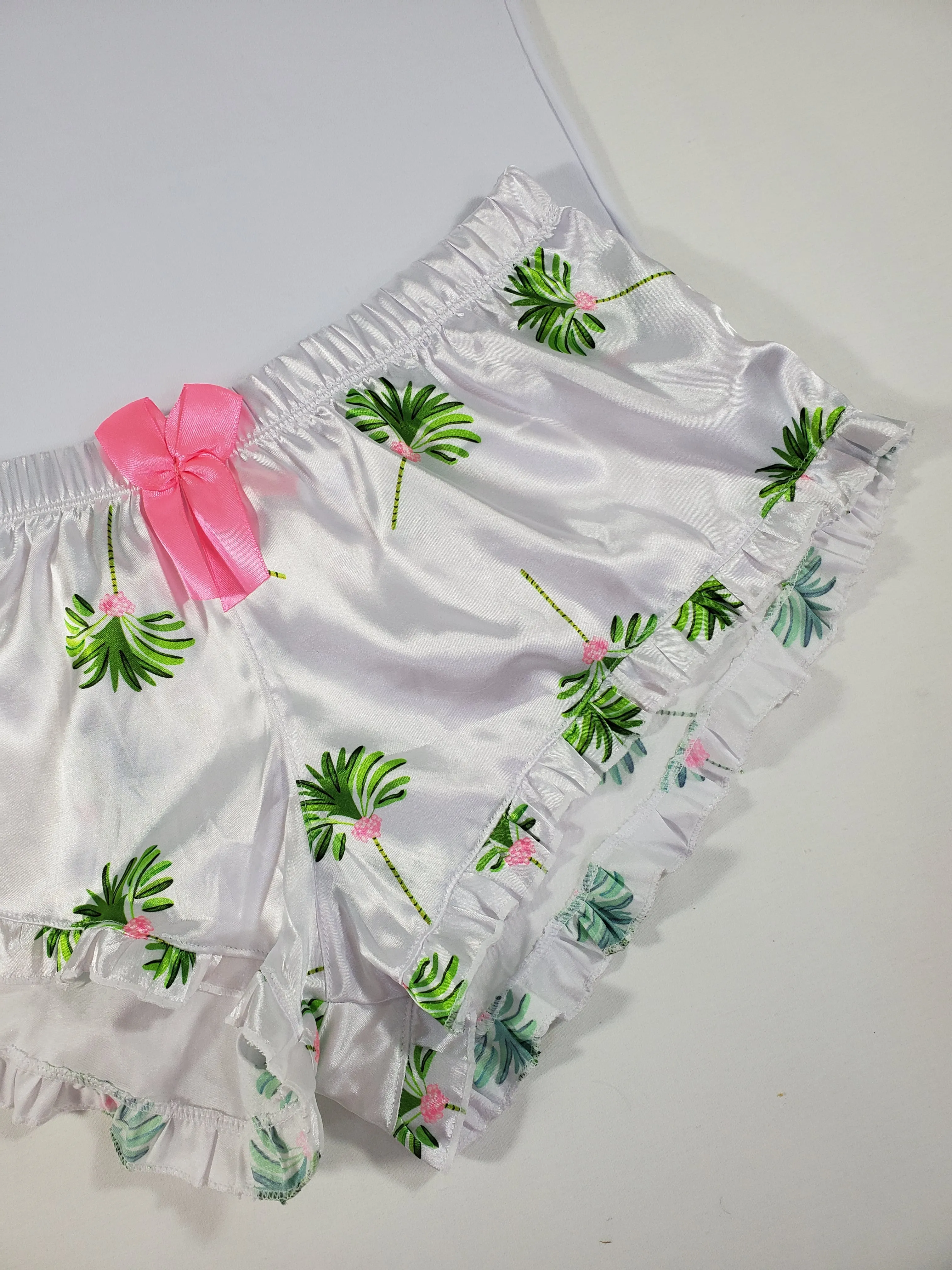 Sexy Women's pajama white satin shorts palm tree theme white blouse