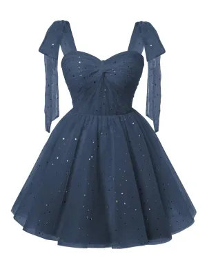 Sparkly Starry Navy Blue Tulle Short Homecoming Dresses Spaghetti Bow Straps Prom Dress Sequin Cocktail Party Dress for Teens