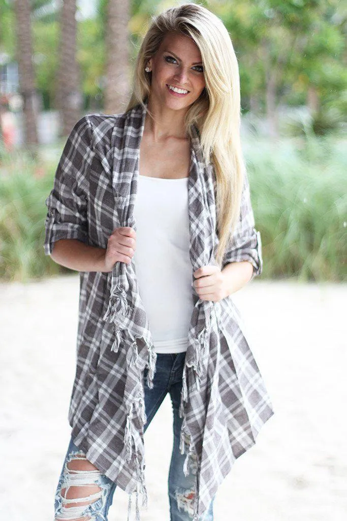 Taupe Plaid Fringe Cardigan