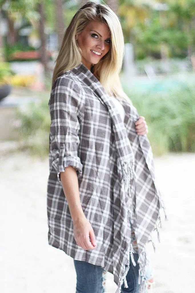 Taupe Plaid Fringe Cardigan