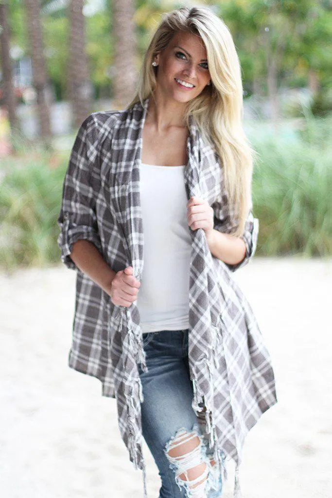 Taupe Plaid Fringe Cardigan