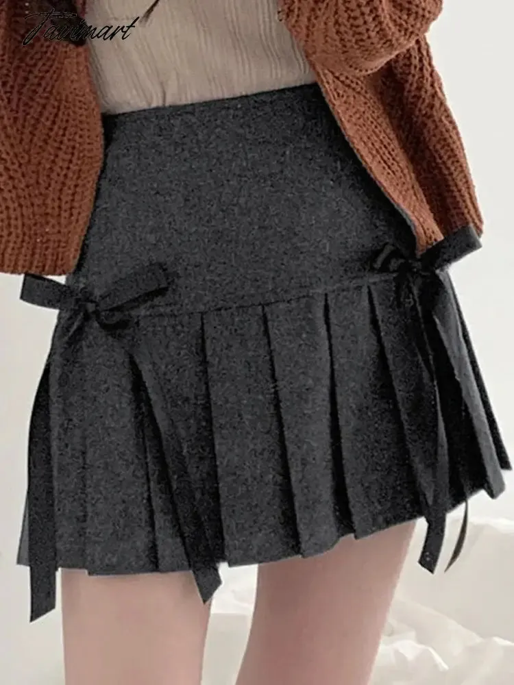 TAVIMART  Mini Skirts Women Vintage Preppy Style Pleated Skirt Sweet Bow High Waist Skirts Female Y2K Hot Girl Short Faldas Para Mujeres