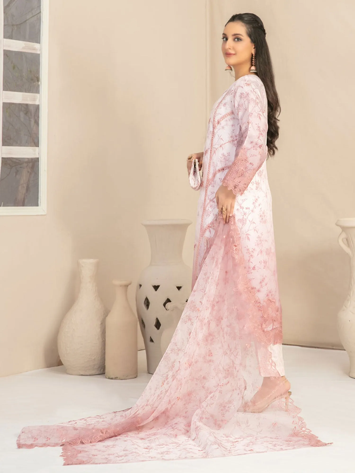 Tawakkal "Jahira" Embroidered Organza Suit (D3364) - Peach