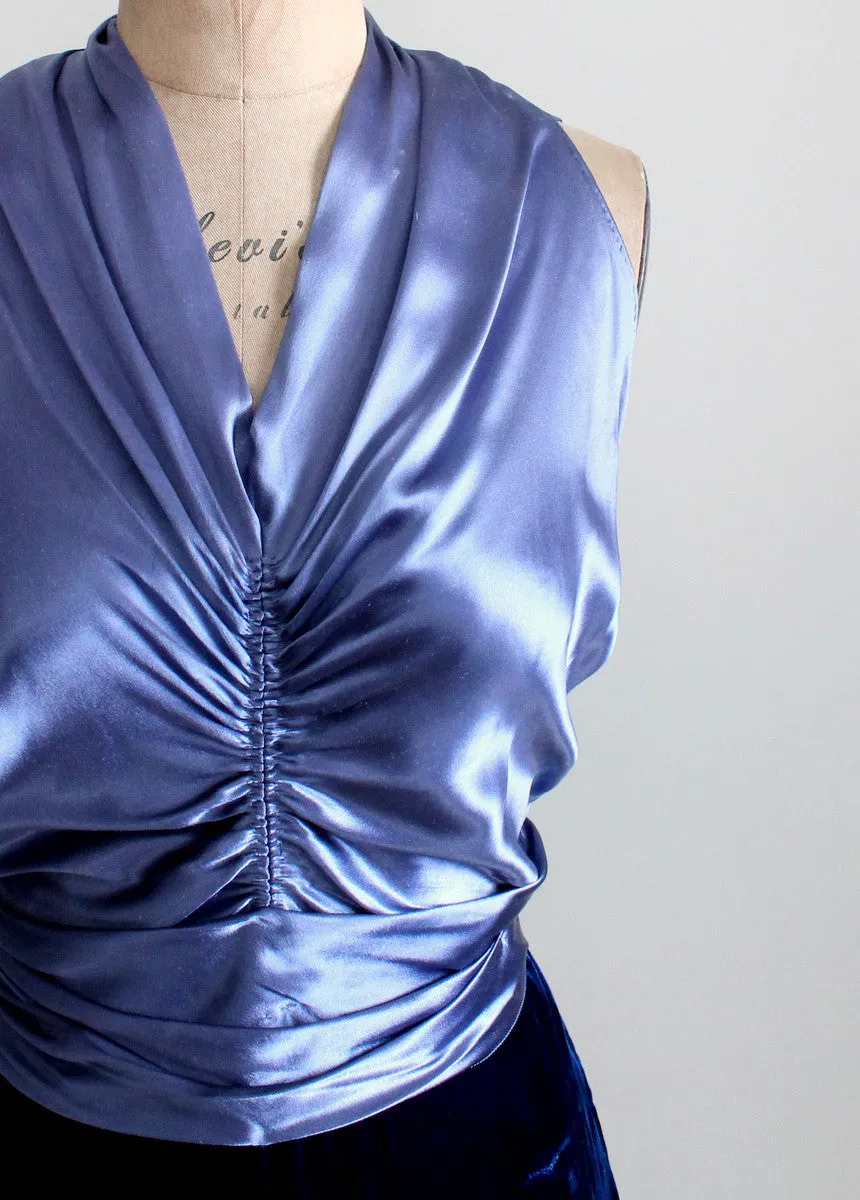 Vintage 1930s Blue Velvet and Satin Cage Back Evening Dress