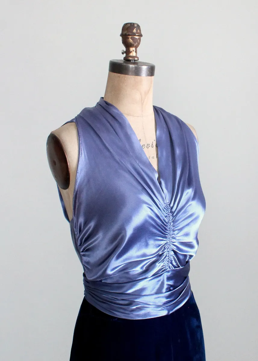 Vintage 1930s Blue Velvet and Satin Cage Back Evening Dress