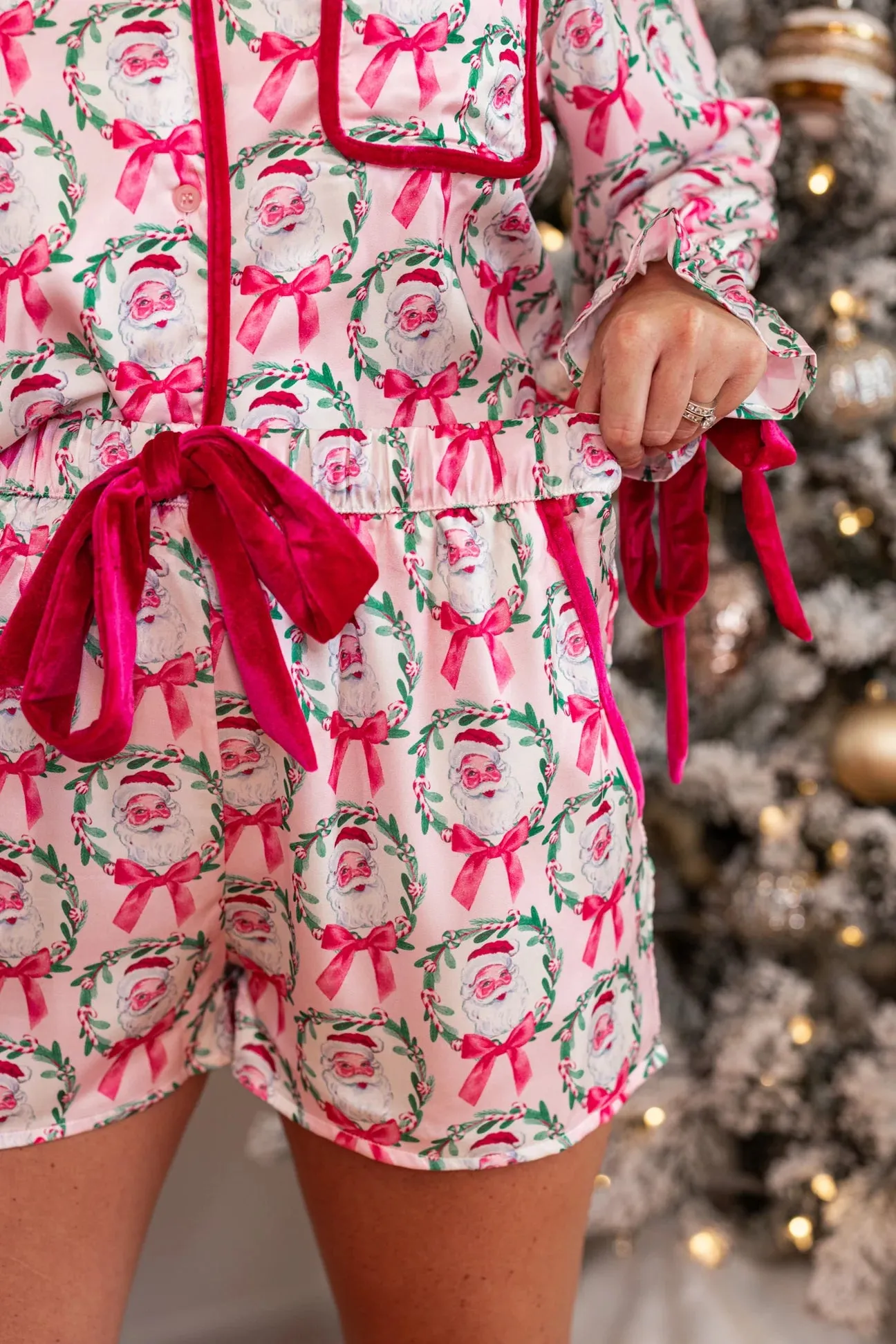 Vintage Santa   Bows Satin Pajama Set - Pink/Pink/White