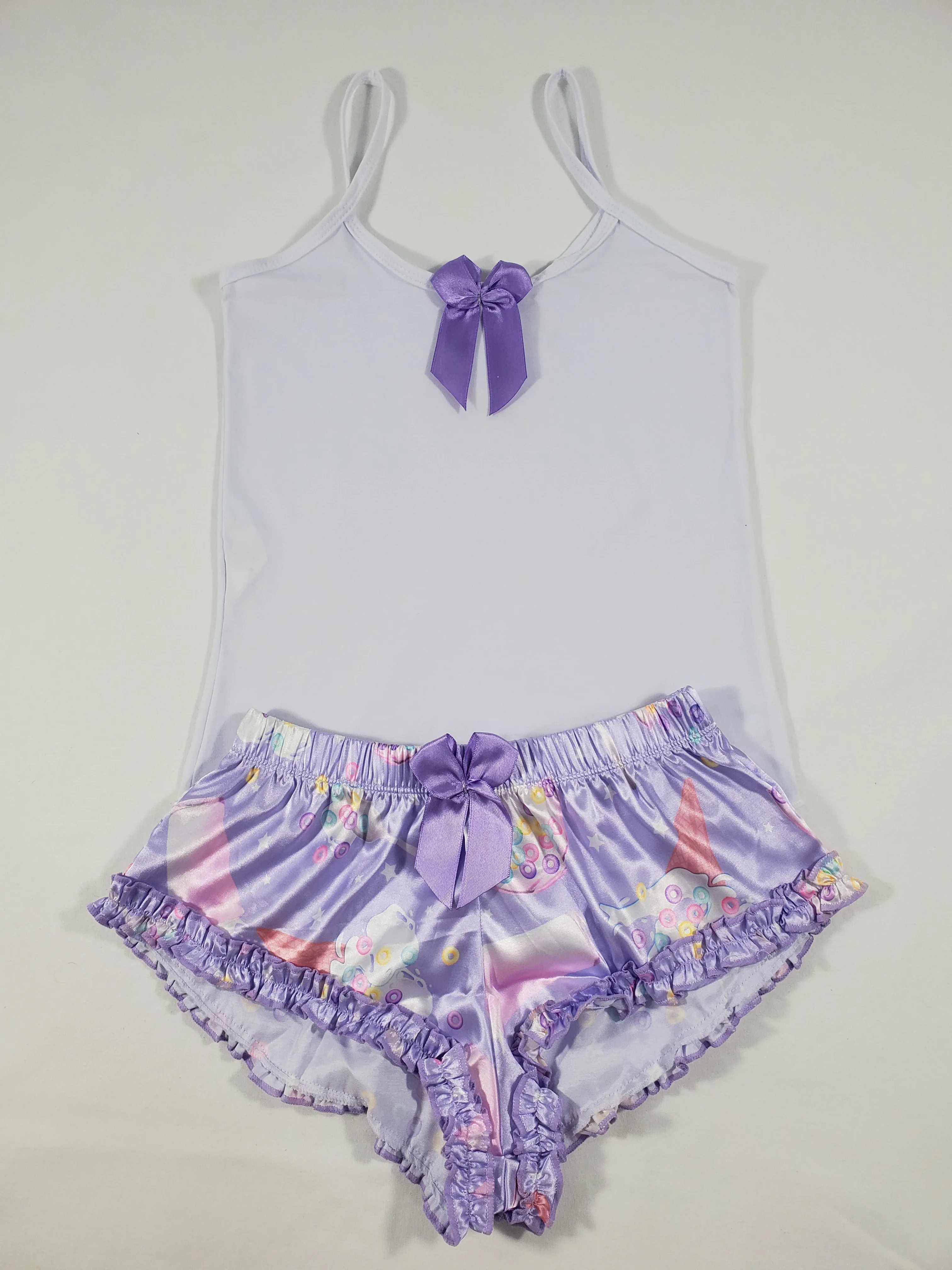 Women's Sexy pajama purple satin shorts ice cream cereal and milk theme white blouse