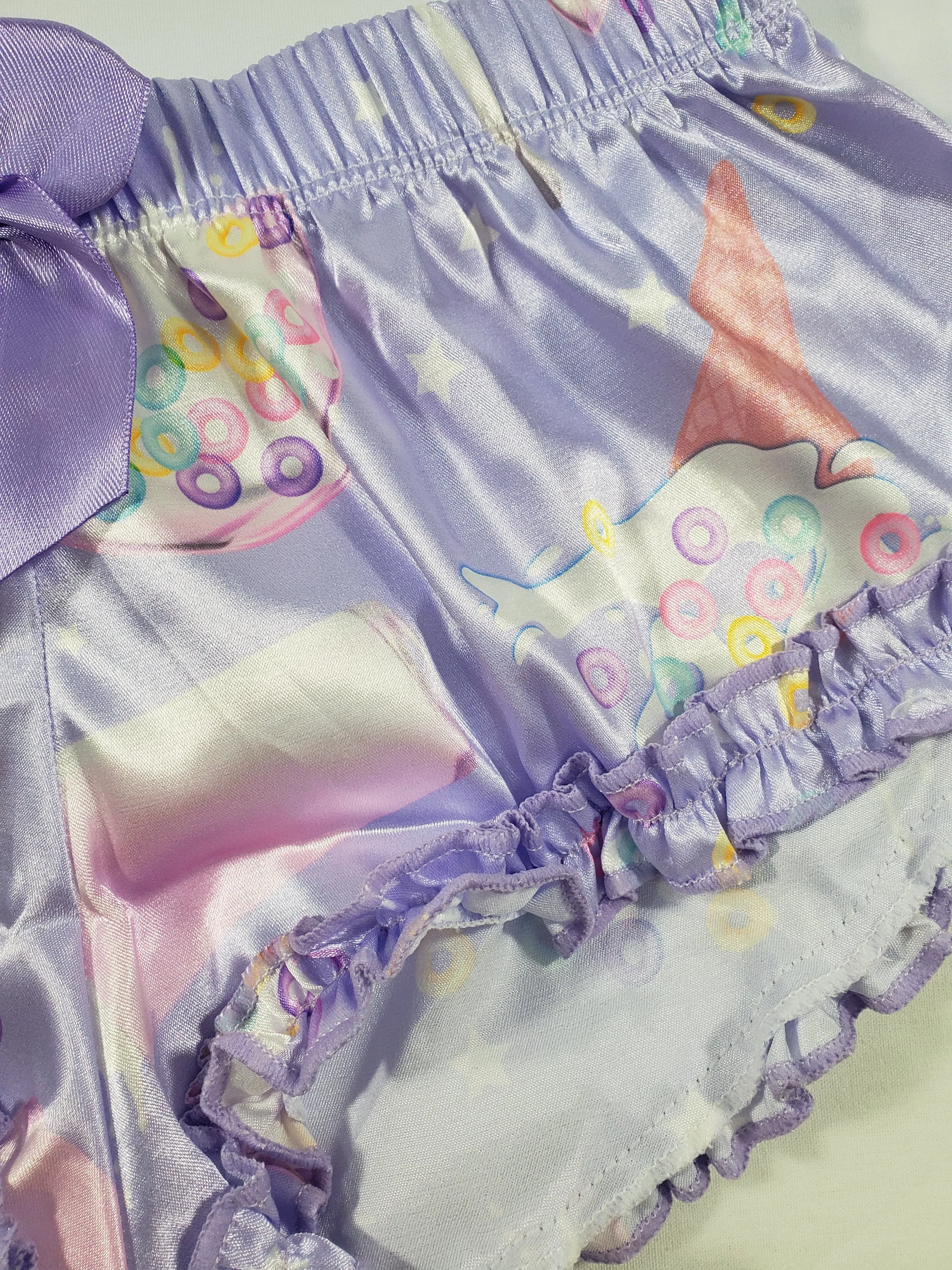 Women's Sexy pajama purple satin shorts ice cream cereal and milk theme white blouse