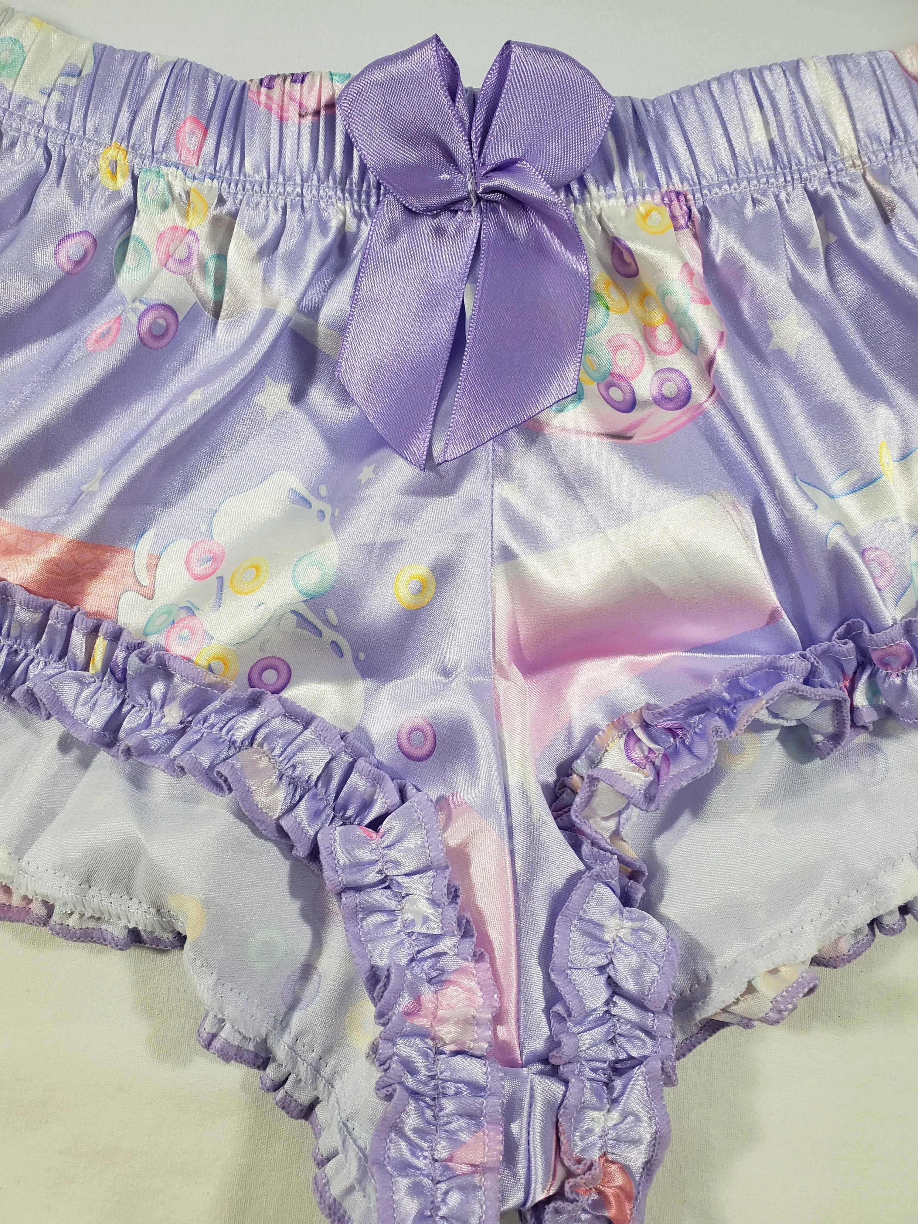 Women's Sexy pajama purple satin shorts ice cream cereal and milk theme white blouse