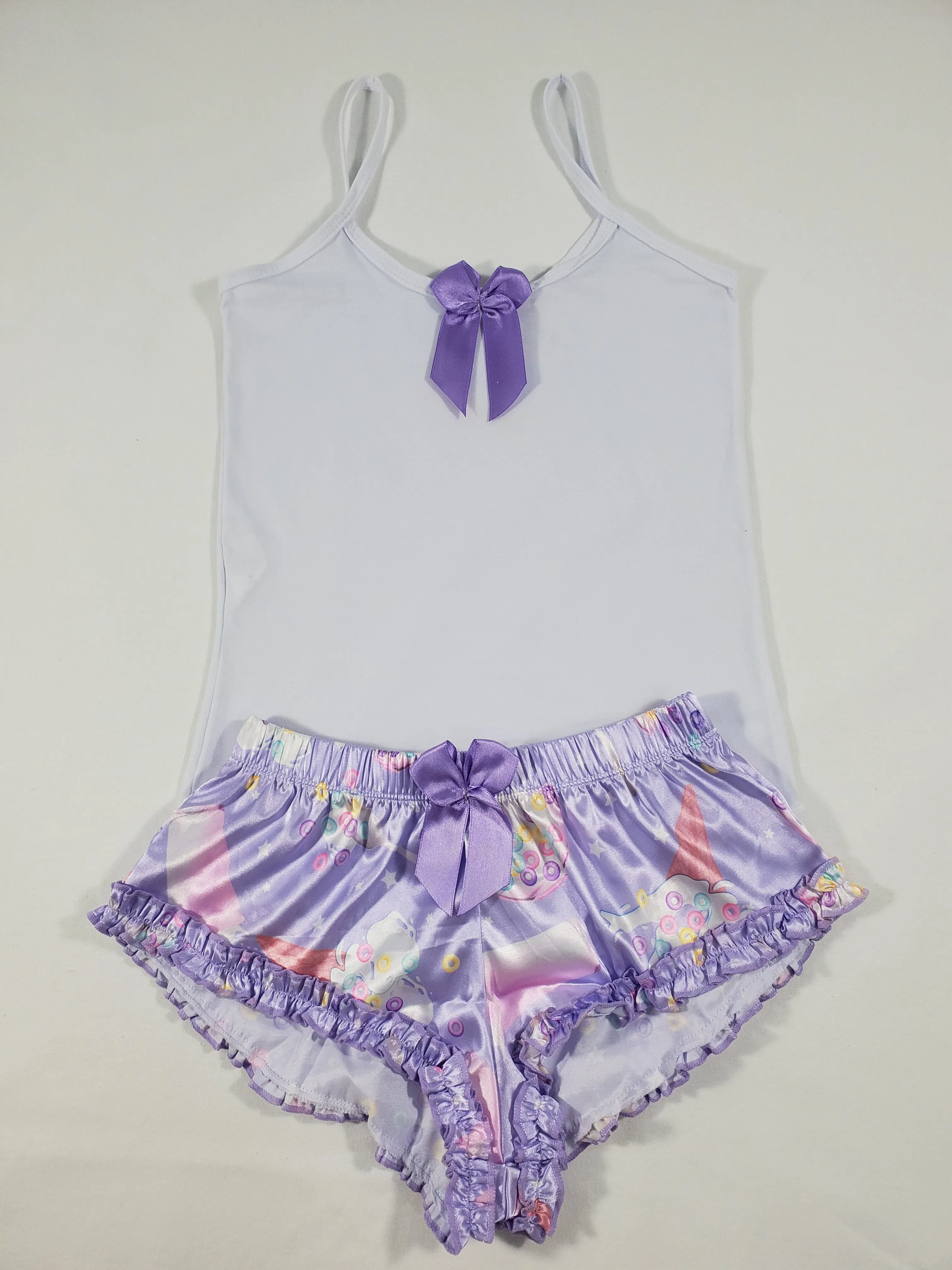 Women's Sexy pajama purple satin shorts ice cream cereal and milk theme white blouse