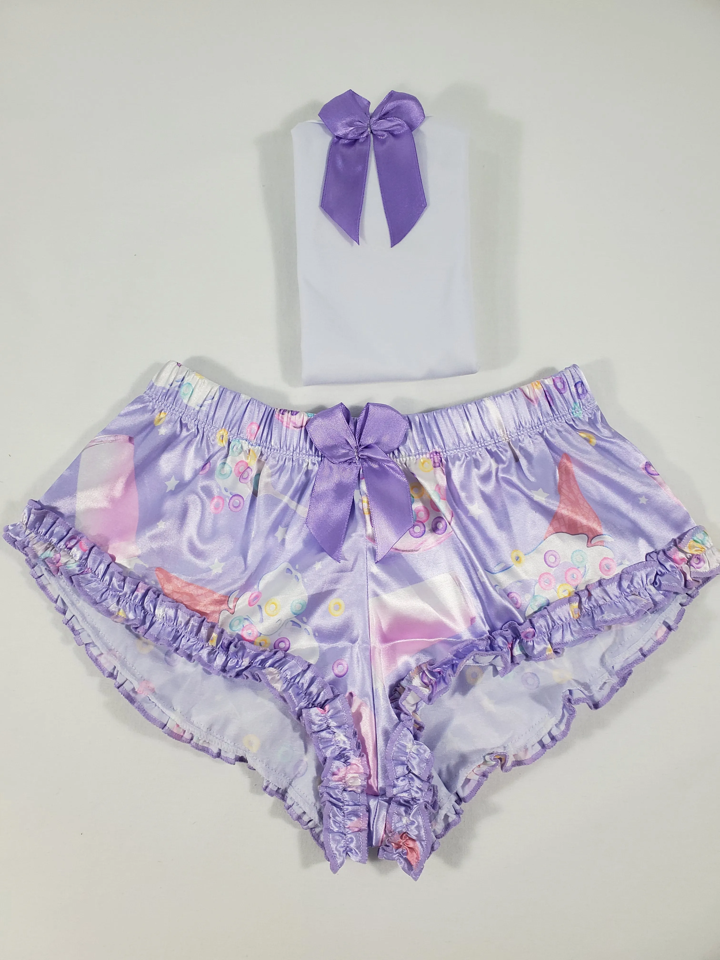 Women's Sexy pajama purple satin shorts ice cream cereal and milk theme white blouse