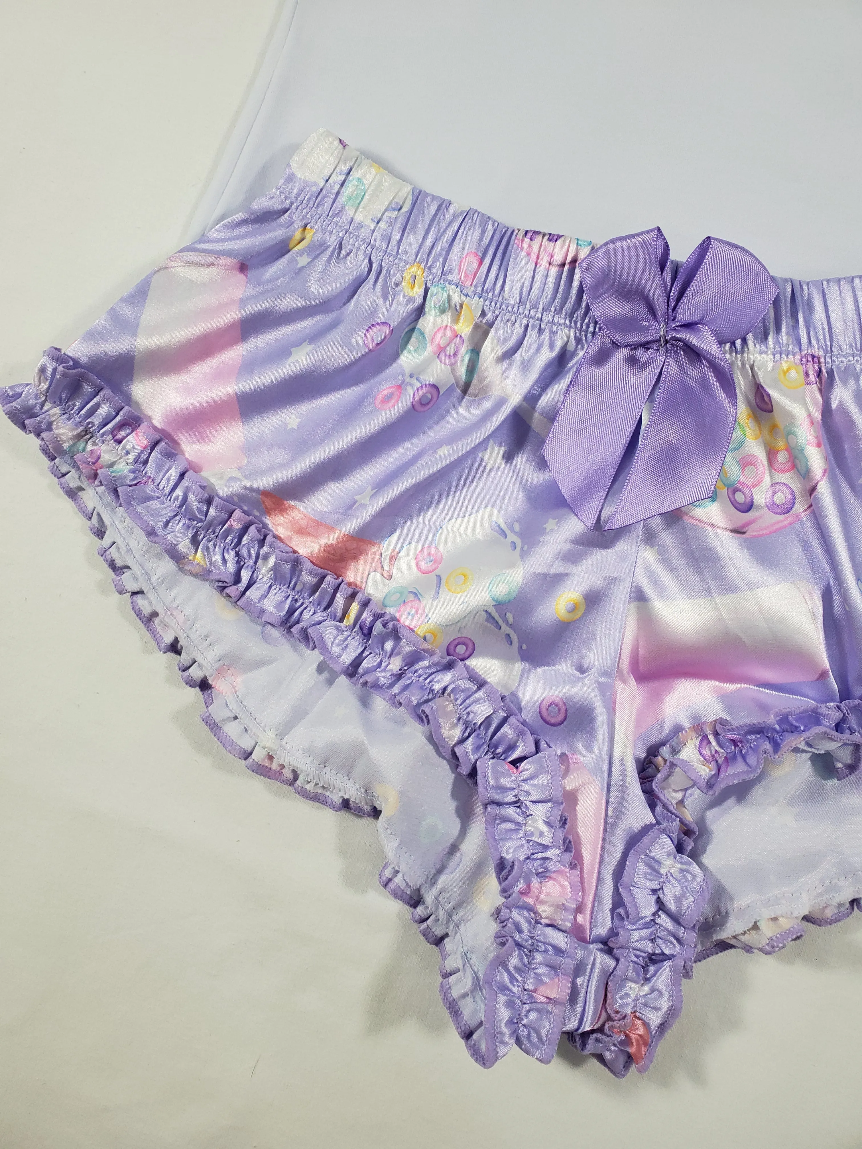 Women's Sexy pajama purple satin shorts ice cream cereal and milk theme white blouse