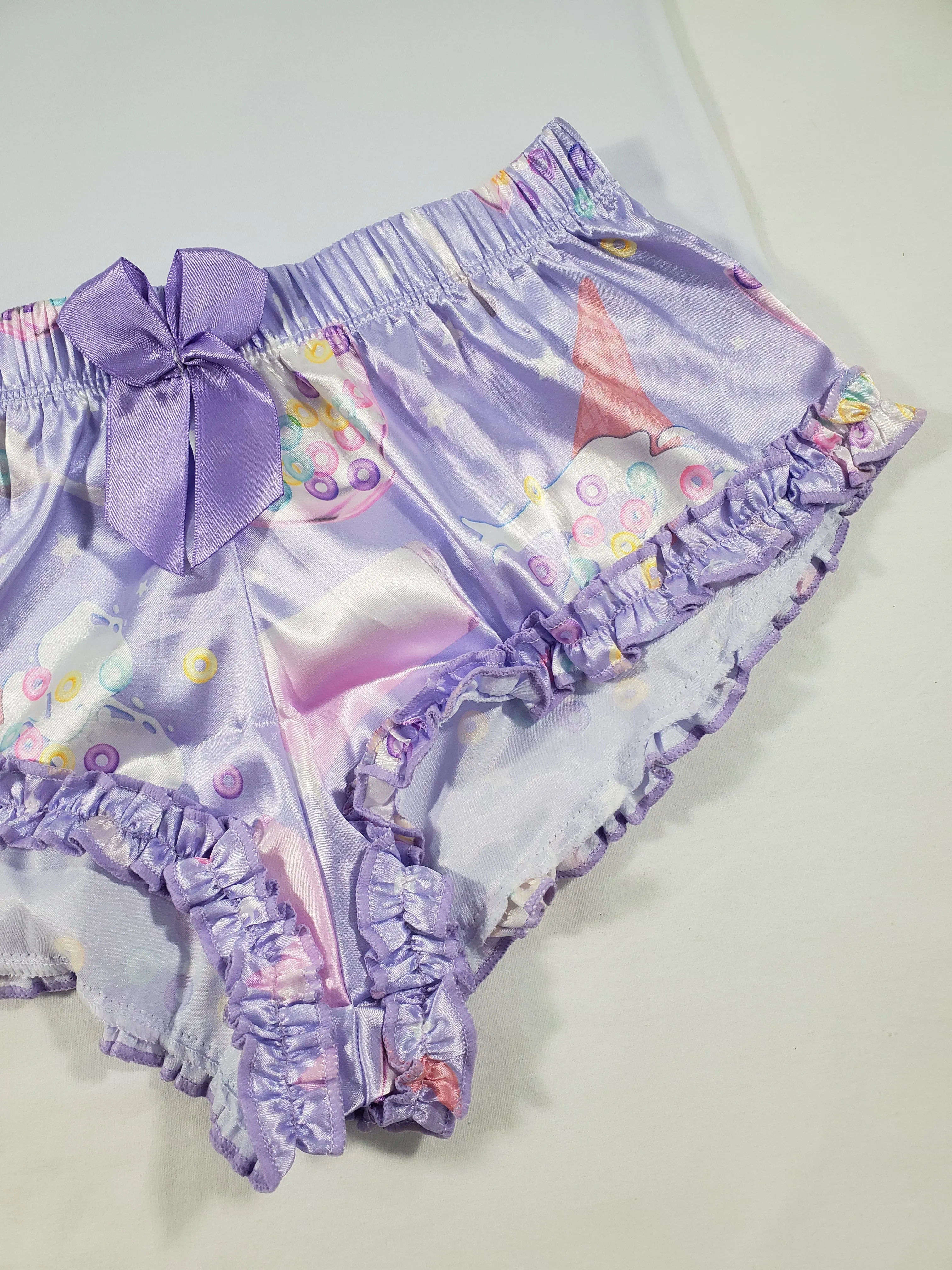 Women's Sexy pajama purple satin shorts ice cream cereal and milk theme white blouse