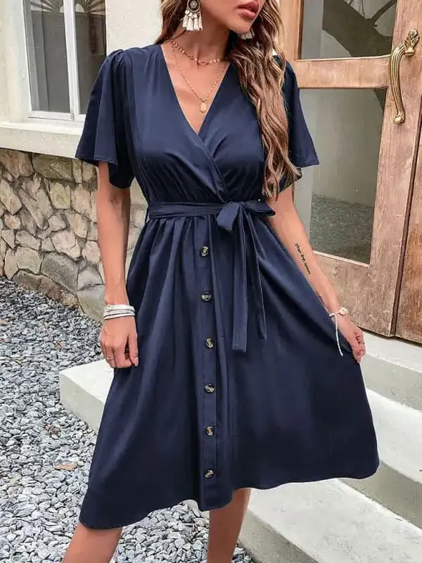 Women’s Solid Color Surplice Faux Wrap Button-down Midi Dress