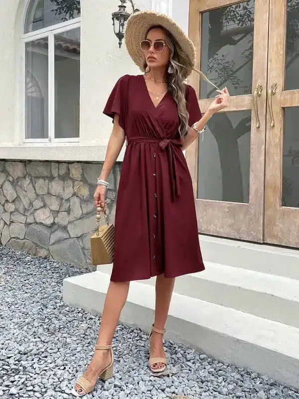 Women’s Solid Color Surplice Faux Wrap Button-down Midi Dress