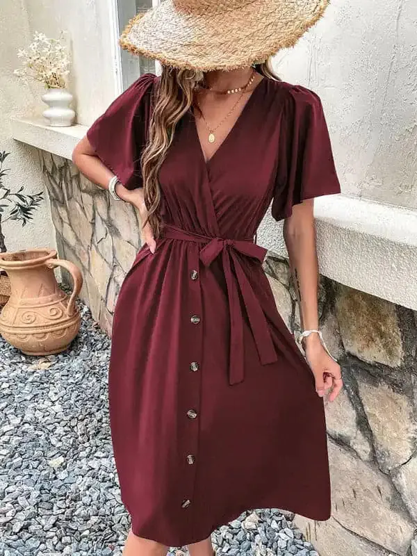 Women’s Solid Color Surplice Faux Wrap Button-down Midi Dress