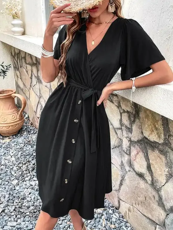 Women’s Solid Color Surplice Faux Wrap Button-down Midi Dress