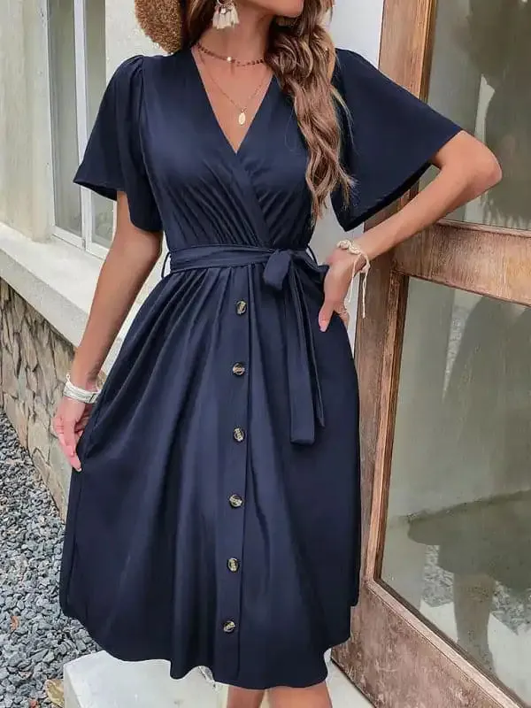 Women’s Solid Color Surplice Faux Wrap Button-down Midi Dress