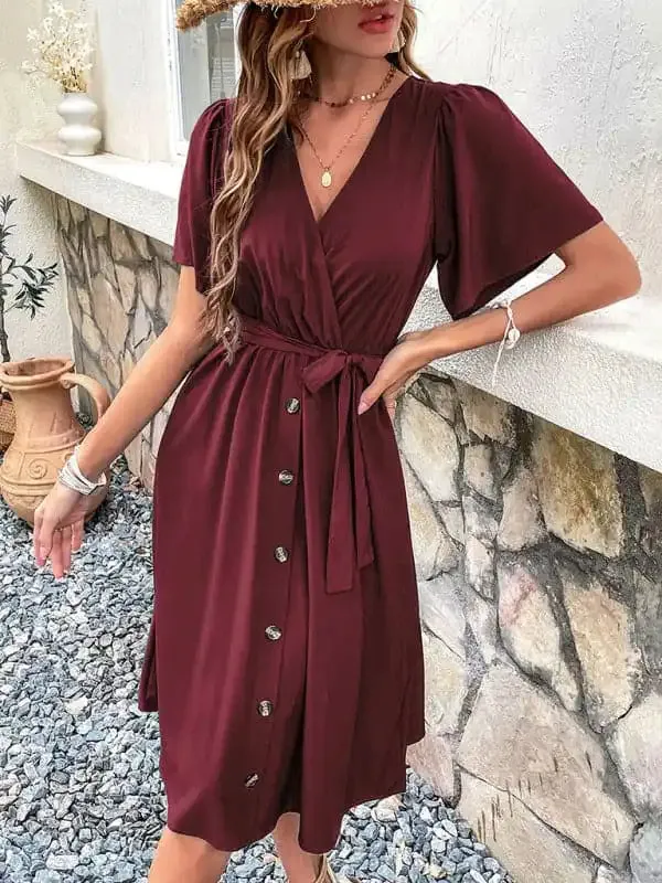 Women’s Solid Color Surplice Faux Wrap Button-down Midi Dress