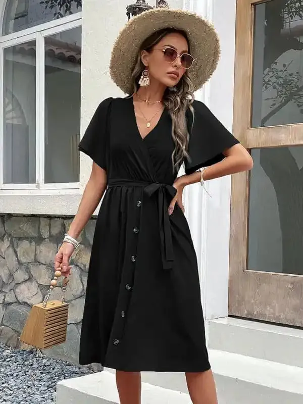 Women’s Solid Color Surplice Faux Wrap Button-down Midi Dress