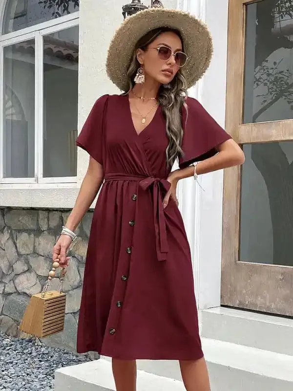 Women’s Solid Color Surplice Faux Wrap Button-down Midi Dress