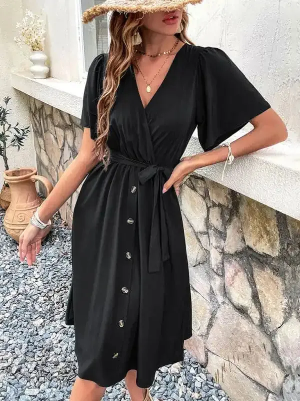 Women’s Solid Color Surplice Faux Wrap Button-down Midi Dress