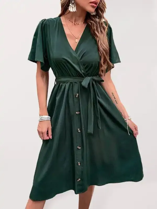 Women’s Solid Color Surplice Faux Wrap Button-down Midi Dress