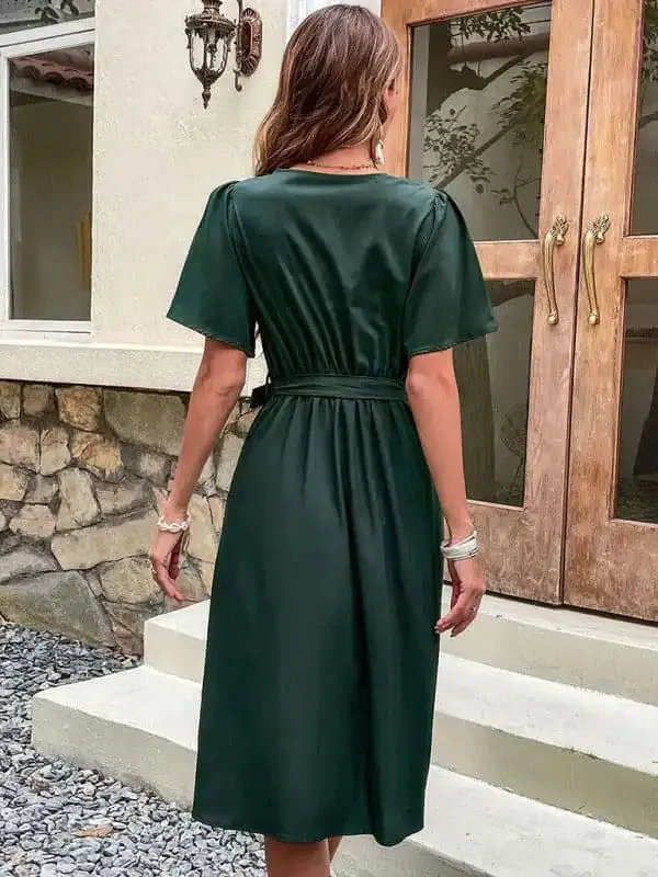 Women’s Solid Color Surplice Faux Wrap Button-down Midi Dress