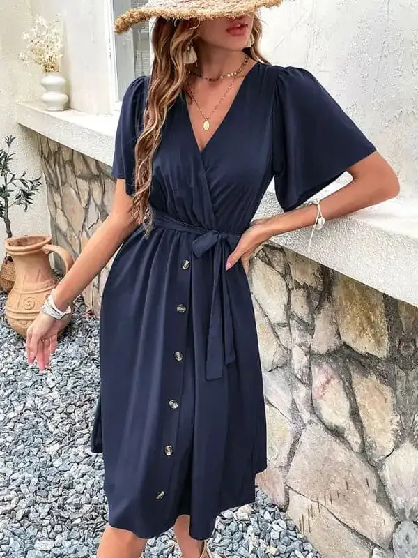 Women’s Solid Color Surplice Faux Wrap Button-down Midi Dress