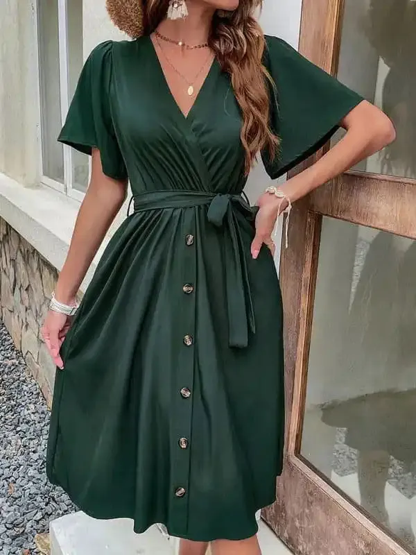 Women’s Solid Color Surplice Faux Wrap Button-down Midi Dress