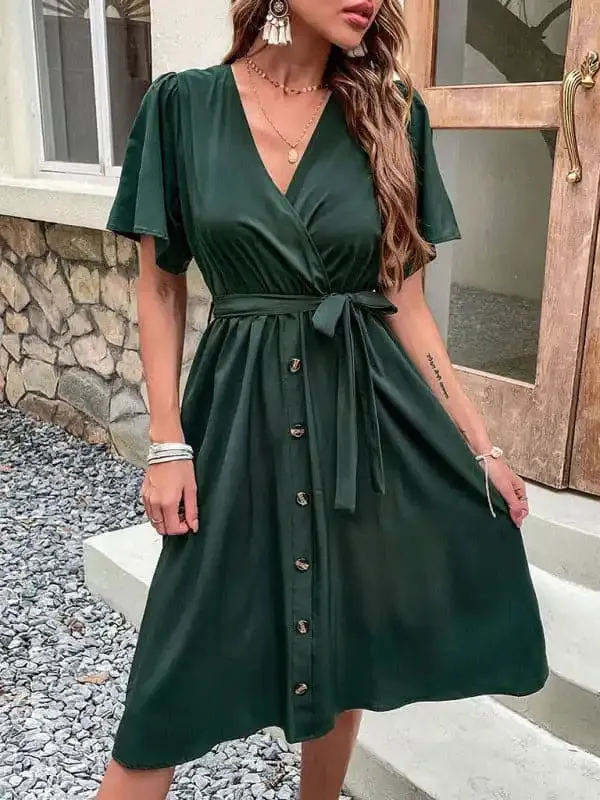 Women’s Solid Color Surplice Faux Wrap Button-down Midi Dress