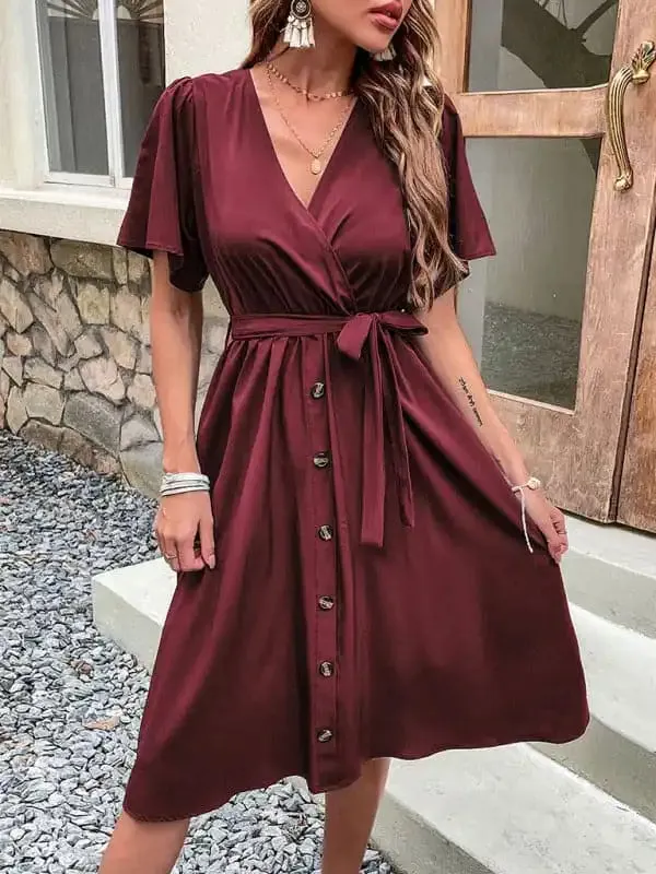 Women’s Solid Color Surplice Faux Wrap Button-down Midi Dress